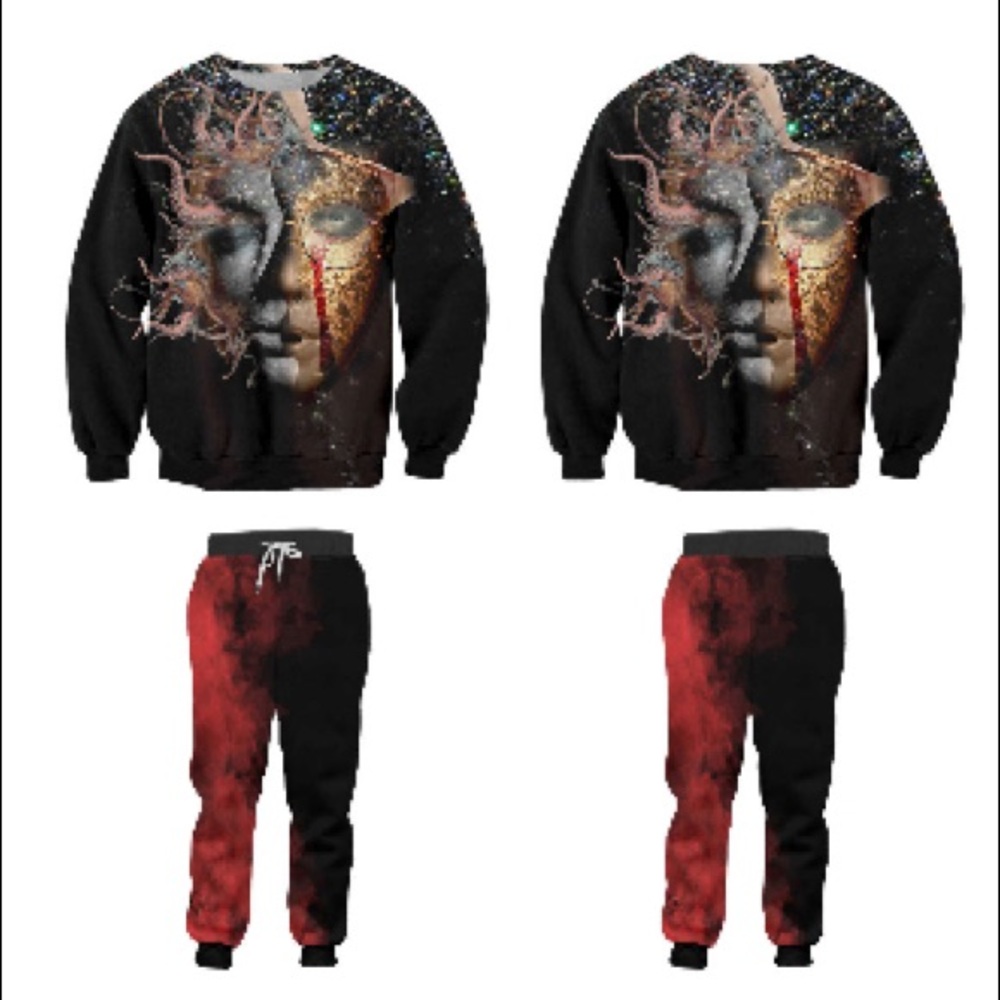 3D set sweatshirt and pants  Unisex Futurist ocean man face, size 2XLarge